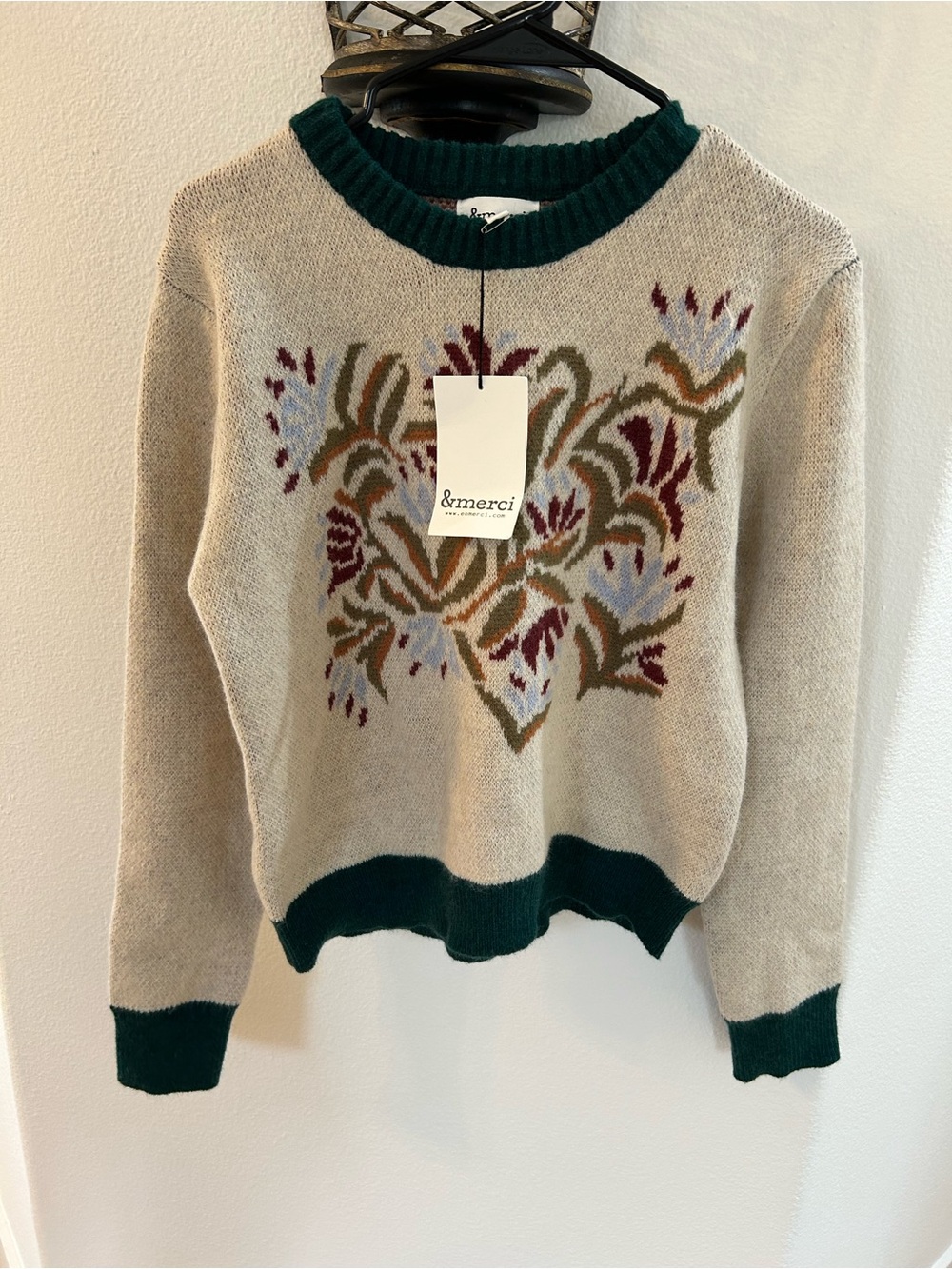 & Merci Floral Crewneck Sweater with Green Trim. Sz Small